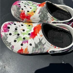 CROCS Tie-Dye Slip-On Sandals in White with Multi-Color Splash